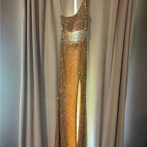 Precious Formals Gold Sequin One-Shoulder Evening Gown